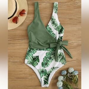 Green Leaf Print One-Piece Swimsuit